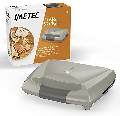 Imetec Tosta&Griglia, Tostiera elettrica, Piastre XL Rigate e Antiaderenti per Preparare 3 Toast alla Volta, Compatta, Riponibile in Verticale, Spie Funzionamento, Gancio Chiusura, Avvolgicavo, 800 W