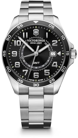 Victorinox Herren-Uhr FieldForce Classic GMT, Herren-Armbanduhr, analog, Quarz, Gehäuse-Ø 42 mm, Armband 21 mm, 136 g, Silber/Schwarz