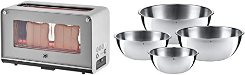 WMF Lono Toaster Glas mit Brötchenaufsatz, 2 Scheiben, XXL, motorisierte Toastaufnahme & Gourmet Schüsselset 4-teilig Edelstahl Schüsseln für die Küche 0,75l - 2,75l, Cromargan, stapelbar