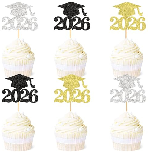 Blumomon 36Pcs Glitter 2026 Graduation Cupcake Toppers Class of 2026 Grad Cap Cake Picks Decorations for 2026 Graduation Theme Party Supplies