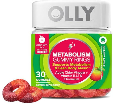 OLLY Metabolism Gummy Rings, Apple Cider Vinegar, Vitamin B12, Chromium, Energy and Digestive Health, Chewable Supplement, Apple Flavor - 30 Count