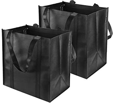 TSHAOUN 2 Stück Schwarze Einkaufstasche 38 x 33.5 x 25.5cm Große Einkaufstasche mit Tragegriffen und Kleiner Haken, Faltbar, Wiederverwendbarer Einkaufskorb für Einkaufen Picknick Camping (2 Pack)