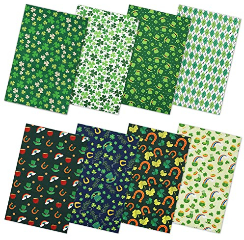 St. Patrick's Day Baumwollstoff-Quadrate, 50.8x50.8 cm, 8 Stück, Kleeblatt, grüne Hut, Patchwork, Geschenkpapier für St. Patrick's Day, Fat Quarters Bundle zum Nähen von DIY-Projekten
