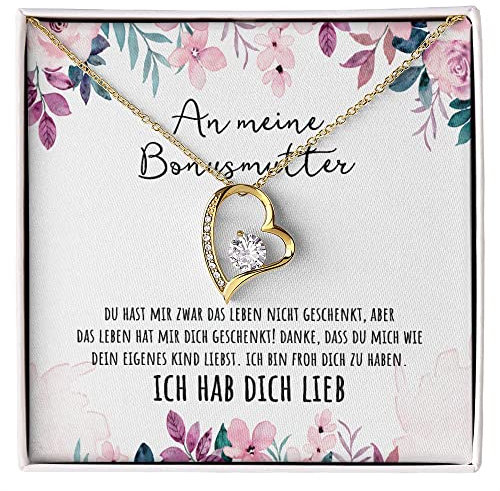 An meine Bonus Mutter Herz Halskette mit personalisierter Nachricht Kette für die Stiefmutter zum Geburtstag, Muttertag, Frauentag oder Weihnachten (Standard Box - 14K Weißgold, Weißer Hintergrund)