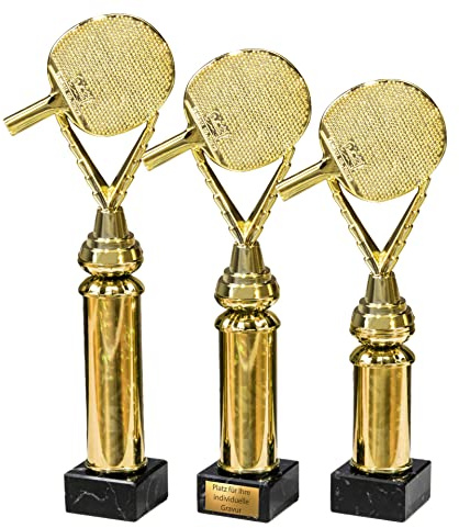 eberin · Tischtennis Pokal · Table Tennis · TT Trophäe für Tischtennisspieler · Tischtennisschläger auf Goldsäule / Marmor schwarz · Auszeichnung · Pokal · in 3 Größen erhältlich · mit oder ohne Gravur ·