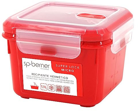 Ermetico 1,1 L., quadrato, adatto per cottura a vapore nel microonde, ideale trasporto e conservazione degli alimenti, chiusura a clip