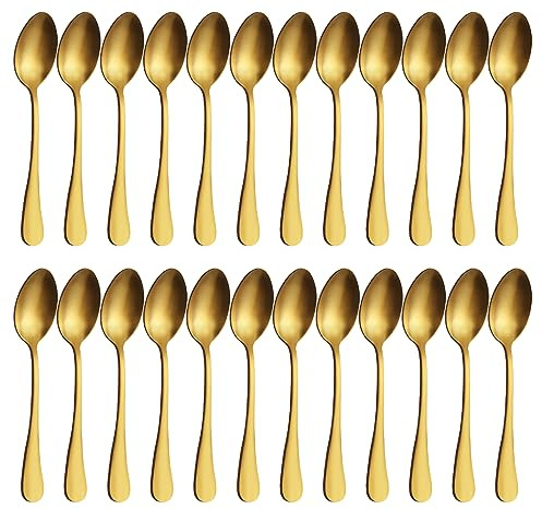 BEWOS Gold Teelöffel, 24 Stück, Edelstahl Teelöffel, 5,56 Zoll Latte-Löffel, Dessertlöffel, Spiegelpolierte Löffel, Spülmaschinenfest, Kaffeelöffel für Haushalt, Restaurant usw