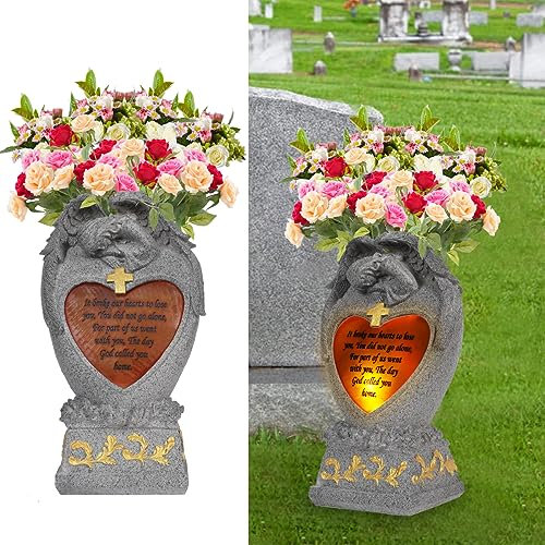 Cemetery Decorations for Grave,Cemetery vases for Grave,Decoration for Graves, Garden Angel,Cemetery vase with led,Family Garden Memorial Statue Funeral Gift, Angels Solar Lights,Crying Angel (Gray)
