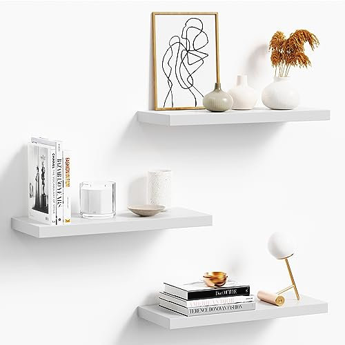 oridom Schweberegale für die Wand, weißes Holz, Wandregal, 3er-Set, 40,6 cm, Wandmontage, schwebendes Regal für Küche, Wohnzimmer, Schlafzimmer, Badezimmer, Bücherregal für Wände, Heimdekoration