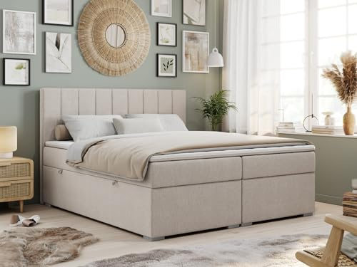 MKS MEBLE Boxspringbett mit 2 Bettkästen, Polsterbett mit Matratze H3 und Topper T25, Bett 160x200 cm mit Kopfteil - Beige Strukture - H3 - Ally