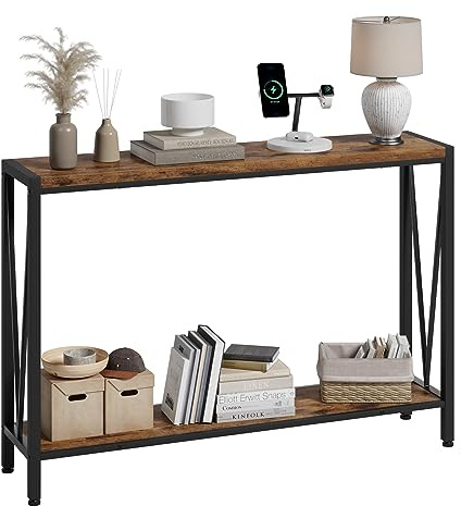 HAUSPROFI Mesa consola de madera estrecha, 110 x 25 x 76 cm, mesa consola con espacio de almacenamiento, mesa de centro de madera y metal con estante, 2 niveles, mesa auxiliar para la entrada, salón