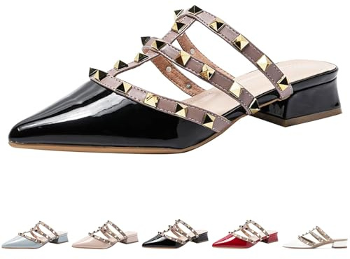 Zeberfi Women's Patent Leather Closed Pointed Toe Rivet Heeled Sandals Fashion Multi Band Studded Slingback Chunky Mid Heel Work Pumps Slippers (Black,8)