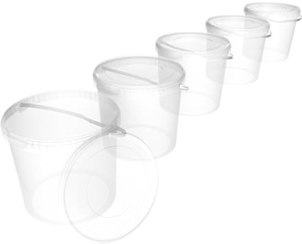 5 Eimer mit Deckel 10l Transparent Rund | Kunststoff Eimer Lebensmittelecht, luftdicht und stabil | Leereimer mit Griff und Deckel für Lebensmittel Chemie Waschpulver Klebstoffe geeignet