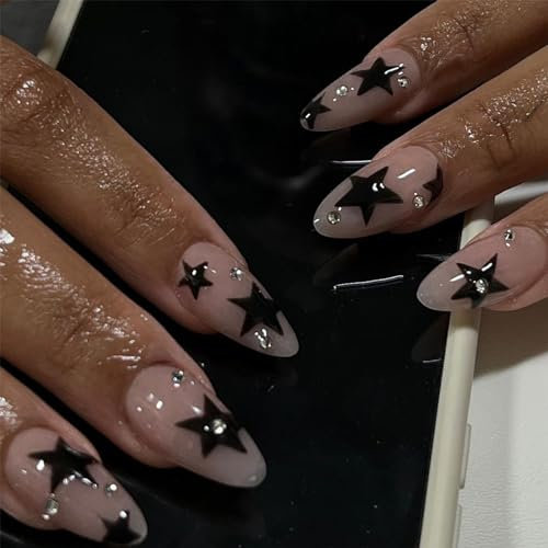 24 Stück Press on Nails - Mittlere Mandel Nagelspitzen Oval Fingernägel Fake Nails - Glossy Kunstnägel Selbstklebende Press on Nails für Frauen und Mädchen (Schwarz Stern)