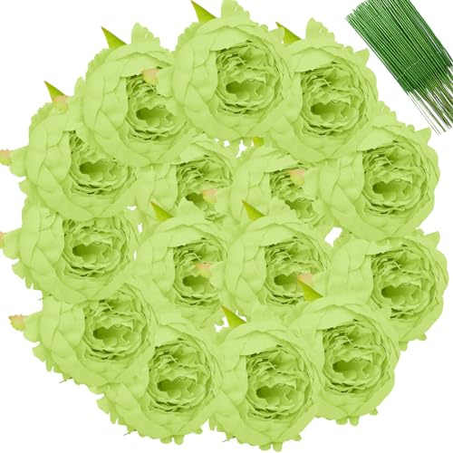 FagusHome 25 Stück Künstliche Pfingstrose Blumen Köpfe 10CM Seide Künstliche Blumen mit Stielen Jahrgang Blumen für Dekor (Hellgrün)