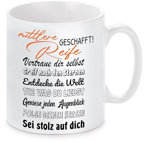 personalisierte Tasse zum Realschulabschluss | mittlere Reife geschafft! | Keramiktasse für Schulabgänger Prüfungsabsolventen | Spülmaschinenfest | hochwertiger Druck mit Wunschtext auf der Rückseite