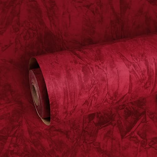 ReWallpaper Samt Tapete Selbstklebend Rot Beflockt Stoff Klebefolie Rot Möbelfolie 44.5cm×2m Dicke Tapete Dunkelrot Vintage Samt Flock Liner für Schmuck Handwerk Schränke Filzstoff