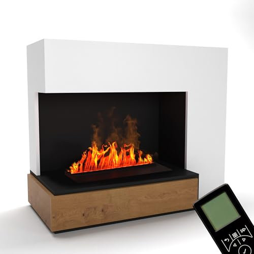 GLOW FIRE Wasserdampf Kamin PLANCK Links (Standkamin) - Elektrokamin mit realistischen LED 3D-Flammen, Knistereffekt & Fernbedienung, 111x90 cm - Opti-Myst 500 Elektro Kamin, Weiß