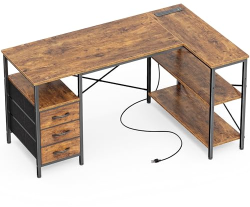 Huuger L Shaped Office Desk with Power Outlets, 47 Inch Computer Desk with 3 Drawers, Shelves, for Gaming, Corner Work, Home Office, Study, Rustic Brown