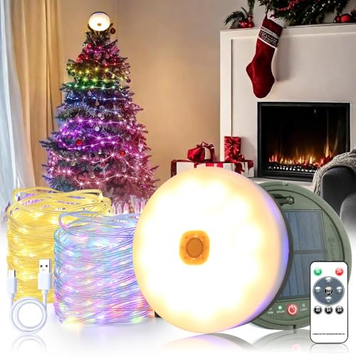 Catena Luminosa Esterno Solare 10M,2 in 1 RGB e Bianco Caldo Luci di Natale 12 Modalità Luci Stringa Natalizie,3600mAh,Lampada Campeggio Ricaricabile USB,luce tenda campeggio per Giardino,Casa,Cortile