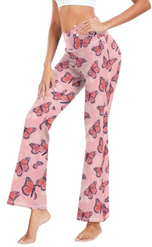 Fustylead Hand Draw Pink Flying Monarch Butterfly Damen V Crossover Hohe Taille Flare Yogahose S-XXL, rose, M
