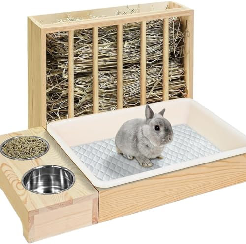 Mangeoire à Lapin en Bois avec bac à litière et Bols, mangeoire à Foin pour Lapins, Mangeoire à Foin pour Lapin, Petits Animaux de Compagnie, Guinée,Mangeoire ornementale en Cage pour Poulet et Lapin