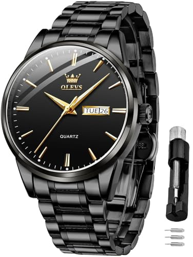 OLEVS Herrenuhren Goldene Schwarz Edelstahlarmband Quarz Uhr Männer mit Datum Wasserdicht Leuchtende Klassische Elegantes Armbanduhr Geschenk