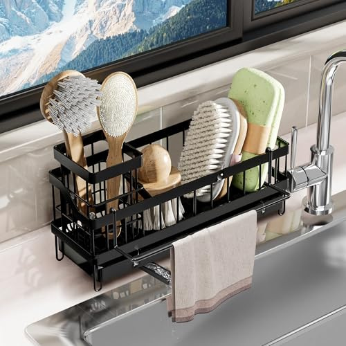 YC Kitchen Spülbecken Organizer, Schwammhalter, Küchenspülen Organizer mit Abflusspfanne, Spüllappenhalter, Handtuchhalter,Spülmittel，Selbstklebender Aufbewahrungshalter für Küche & Badezimmer