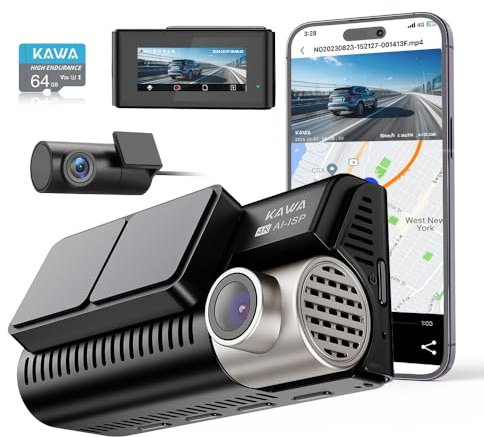 KAWA Echt 4K Dashcam Vorne Hinten, UHD 4K+1080P Dashcams mit 64G Micro SD Karte, AI-ISP Echtfarben-Nachtsicht, GPS, G-Sensor, AI Parkplatz Bewegungserkennung, 3.16 IPS Bildschirm, WDR, D11