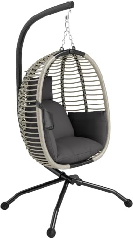 Outsunny Outdoor Swing Chair Egg Chair Metal Stand Dark Grey | Patio Hanging, Foldable Basket, Cup Holder, Rope Structure, Thick Padded Cushion, for Indoor & Outdoor