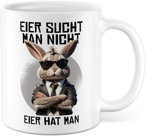 Tasse lapin de Pâques avec inscription humoristique en allemand « Eier sucht man nicht » - Tasse à café - Motif lapin de Pâques - Idée cadeau pour homme - Décoration de Pâques - Humour noir