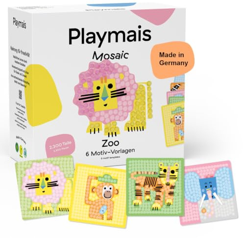Playmais Mosaic Zoo | 2300 Teile | Bastelset | natürliches Spielzeug | inkl. Schwämmchen, 6 Motiv-Vorlagen | vegan, verantwortungsvoll & sicher für Kinder & Umwelt | ab 3 Jahren