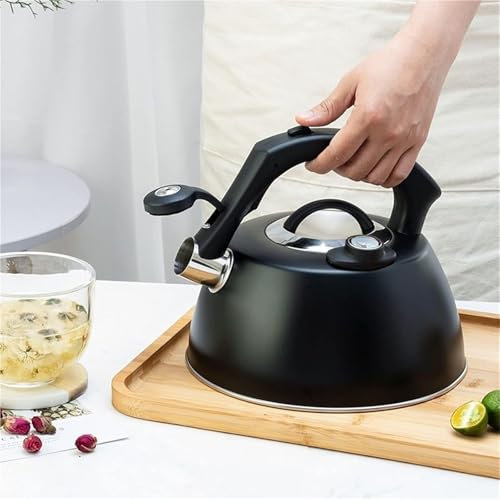 Bouilloire de cuisinière avec thermomètre, bouilloire à thé sifflante noire, poignée anti-chaleur, bouilloire à eau chaude pour thé et café(3.5L)