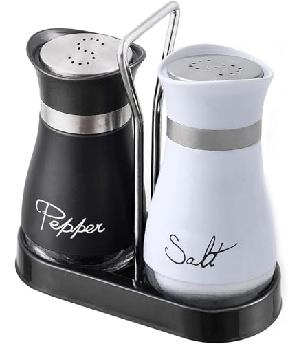 Salt and Pepper Shakers Set with Holder, Glass Bottom with Stainless Steel Lid Spice Dispenser, Refillable Salt Shaker for Home, Kitchen, Restaurant, BBQ (Black and White)