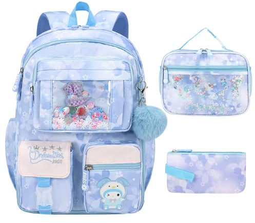 Youngsing Backpack for Girls 3pcs Set, Kids Backpack for Girls with Lunch Box Pencil Case Set for Teens Elementary Middle School Bags (Blue-3 Piece Set-1)