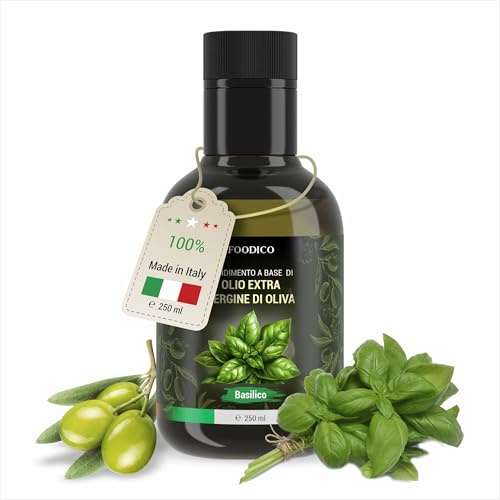 Foodico Basilikum-Olivenöl – Italienisches Olivenöl Extra Vergine | Kaltgepresst & Vegan | Verfeinert mit natürlichem Basilikum-Extrakt | Gourmetöl für Pasta, Salate & Antipasti | 250 ml
