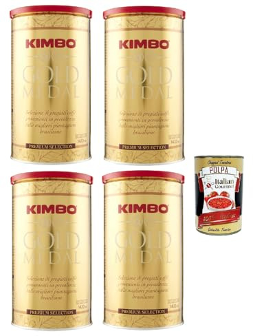 Kimbo Gold Medal canette, caffe' italiano, Caffè Macinato, Italian Café moulu, convient pour cafetière Moka, Lot de 4x 400 gr + Italian Gourmet polpa 400g