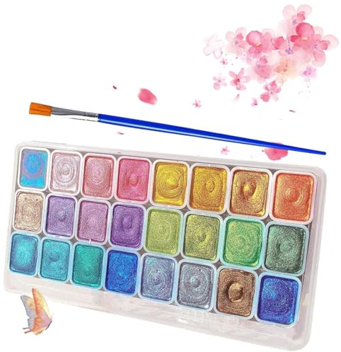 MOLZINY 24 Farben Metallic Aquarellfarben Set Wasserfarben Aquarellfarben Glitzerfarbe Aquarell-Set Solides Pigment-Set Metallischer Perlglanz Löslich und Mischbar für Kinder Anfänger und Profis