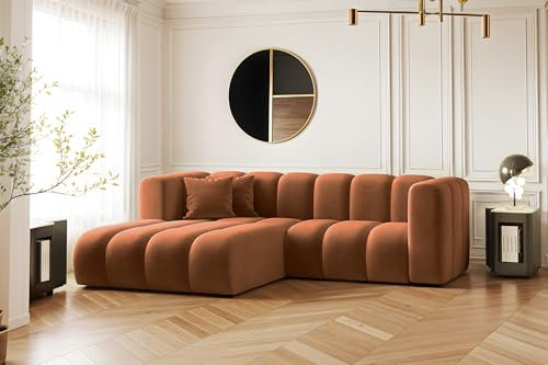 Kaiser Möbel - Ecksofa mit Wohnlandschaft, Eckcouch L Form, Polstersofa, Bequemes Couch mit Ottomane für Wohnzimmer, Relaxsofa, Velourstoff, 2 Zierkissen, Lounge-Set L-Form, Grand, Braun, Links