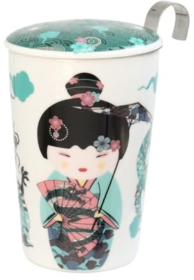Eigenart Teaeve Sweet Little Geisha Water doppelwandiger Becher aus Porzellan mit Deckel und Edelstahlsieb, BPA frei, 350ml, 80065