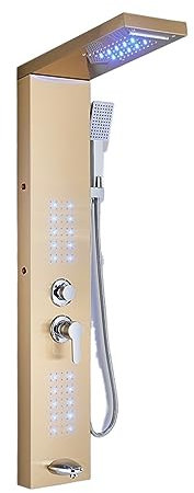 Set pannello doccia termostatico a LED nero opaco con rubinetto a cascata e pioggia con miscelatore a doppia maniglia per un'esperienza di bagno lussuosa (modello 6004 oro 1)
