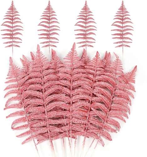 MWOOT 16 Pezzi Foglie di Natale Artificiale Glitterate, Finti Foglie Tropicali Natalizio, Rami di Piante Rosa per Fai Da Te Ghirlanda Albero di Natale Bouquet di Nozze Casa Giardino Decorazione