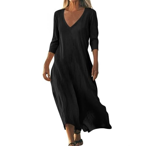 Cotton Linen Dresses for Women UK Maxi White Summer Dress Elegant Flowy Solid Color 3/4 Sleeve V Neck Long (Black, M)