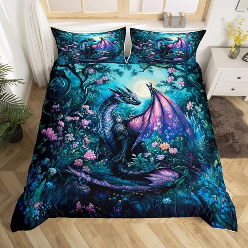 richhome Dragon Bedding Set Single Size Dragon Stuff Comforter Cover Set Wild Life Duvet Cover Jungle Bedspread Cover Room Decor Balck Blue Quilt Cover