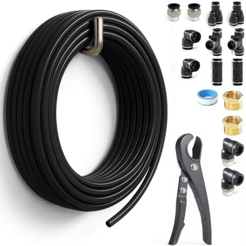 Sctihwelire PU Air Tubing Kit 16mm OD x 12mm ID – 32.8ft Black Flexible Hose with Push to Connect Fittings, Tube Cutter – Pneumatic Air Line Kit for Compressor, Air Tools, Laser Assist