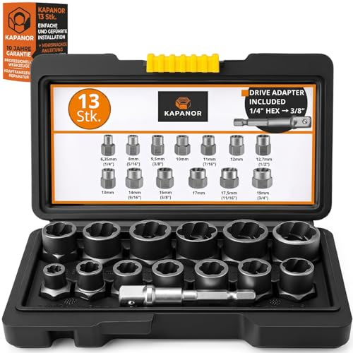 Extracteur Ecrou Antivol Voiture Boulon ✮MARQUE FRANCAISE✮ Kit 13 Douilles Compatible Cliquet 3/8” (+ Adaptateur pour Visseuse/perceuse) ✯GARANTIE✯ Retirer Vis Extraction Boulons Standard Automobile