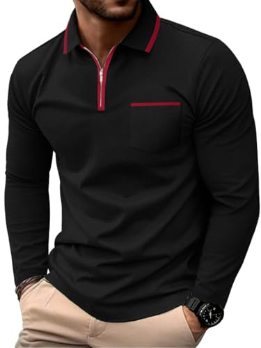 PrinStory Mens Long Sleeve Polo Shirts Quarter Zip Polo Shirts Golf Tennis Tops Casual Cotton Tee Tops With Pockets