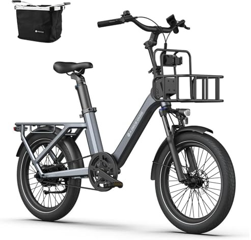 Ado AirOneUltra Bicicleta Electrica Familiar Adultos, Neumático de 20×2,4'', Motor Bafang,40 NM, Soporte Mik, Accesorios Ado, BateríA ExtraíBle, Autonomía,Cesta Plegable (Gris Claro de Luna)