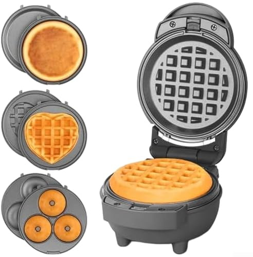 Máquina para hacer panqueques de waffles, mini electrodoméstico compacto de 4 formas en 1 con placas antiadherentes extraíbles para dormitorio, cocina, uso de viaje (tres rojos)