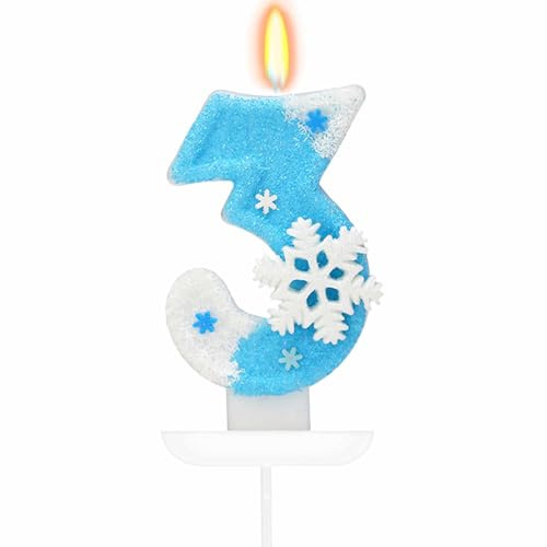 ZingBox Schneeflocken Geburtstagskerzen Zahlen 3, Weiß Blau Kerze 3 Geburtstag Mädchen,Schneeflocke Geburtstagsdeko 3 Jahre Zahlenkerze,Schneeflocken Deko Kerzen Zahlen 3,Kuchendeko 3 Geburtstag Kerze
